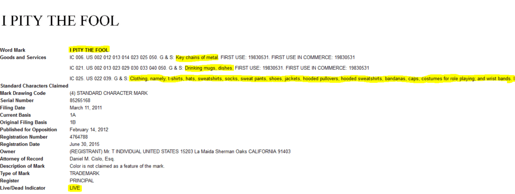 i pity the fool trademark lookup